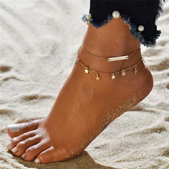 Silver Double Layered Star and Bar Summer Anklet Minimalist Cute NWT - Picture 1 of 4